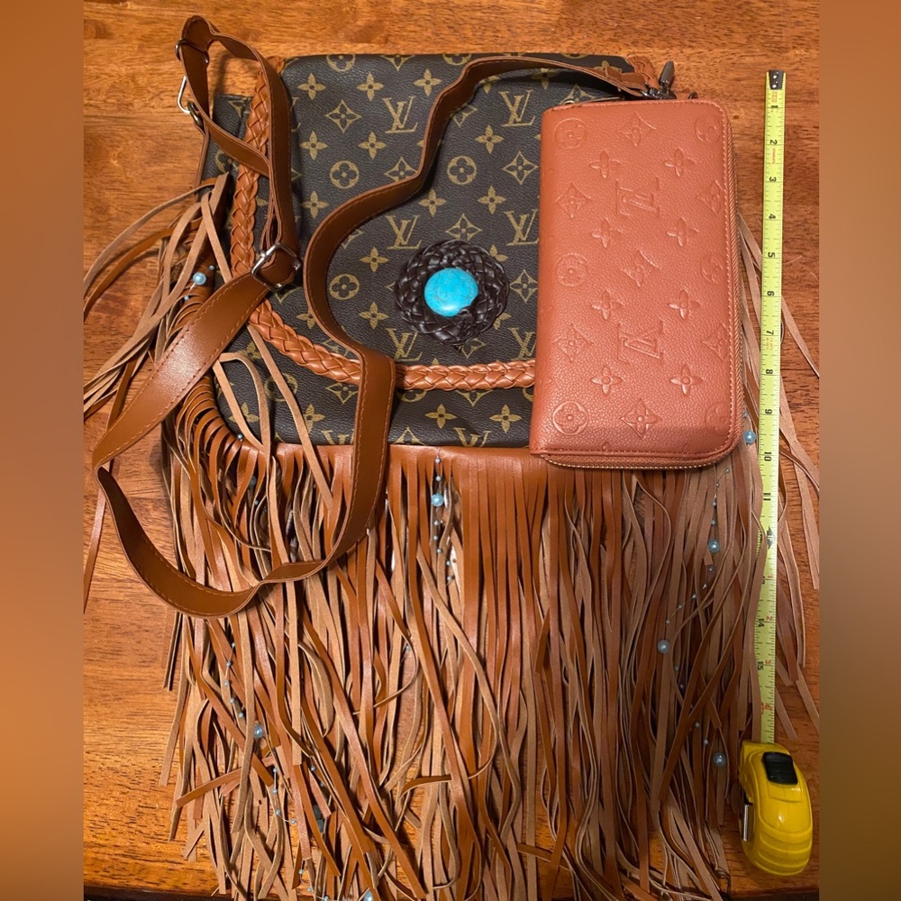 Vintage Boho Style Leather Fringe Purse with matching Wallet